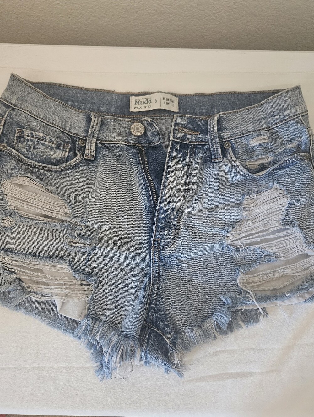 Mudd High Rise Shortie Shorts Womens Blue Stretch Waist Distressed
